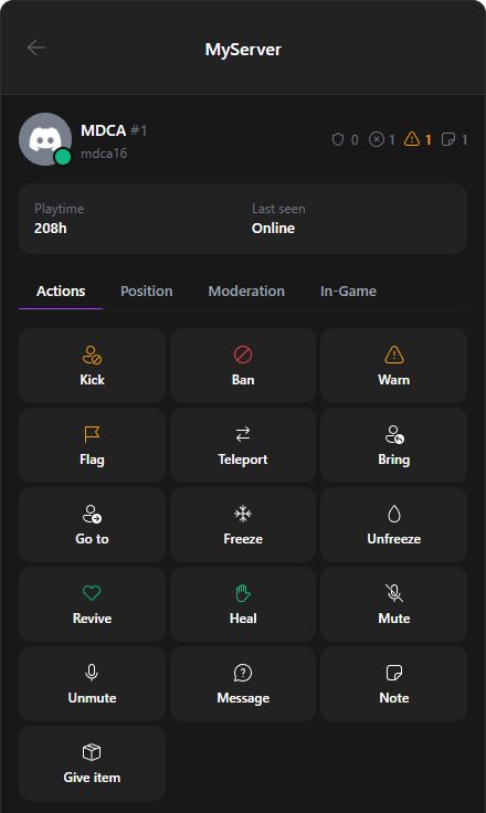 In-game player profile with moderation and live actions
